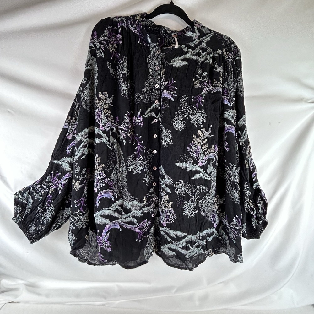 FREE PEOPLE Peacock Prints Button Down Billowy Sleeves Oversize Top Sz M Boho